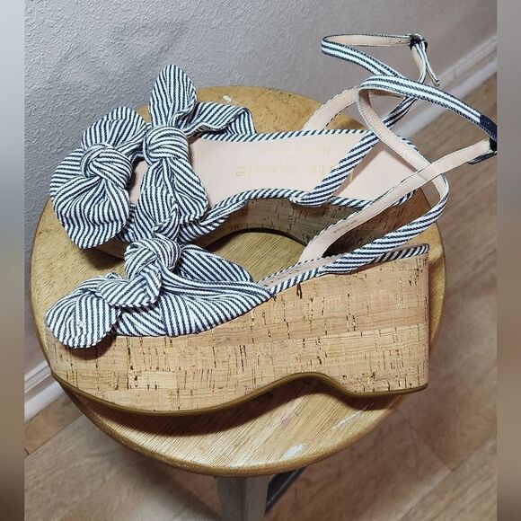 New Kate Spade Julep Platform Wedge White and Blue Striped Size 7 - Picture 7 of 12